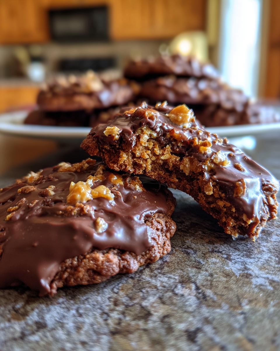 Close-up of a chocolate-dipped toffee almond cookie, showing the texture and ingredients.