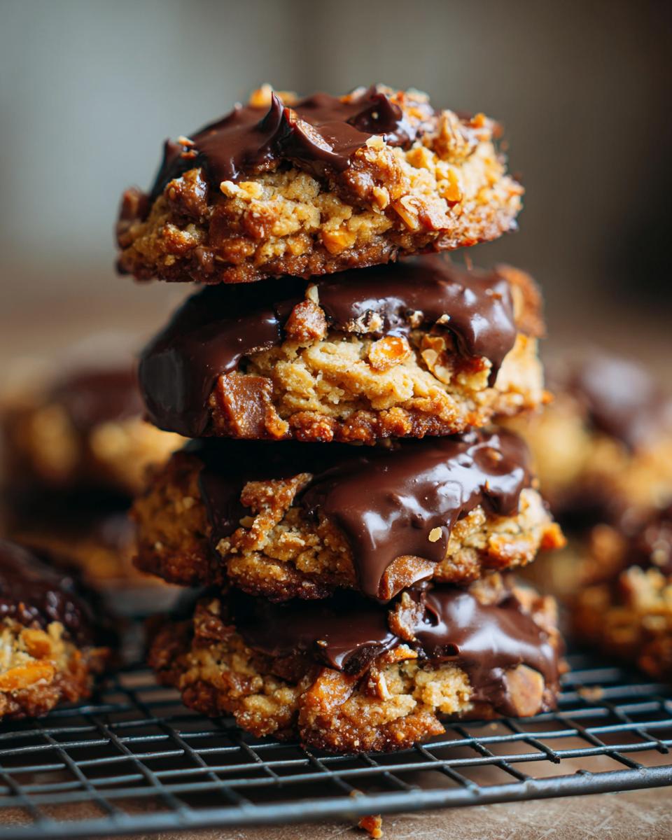 A stack of delicious Chocolate-Dipped Toffee Almond Cookies, drizzled with chocolate and resting on a wire rack.