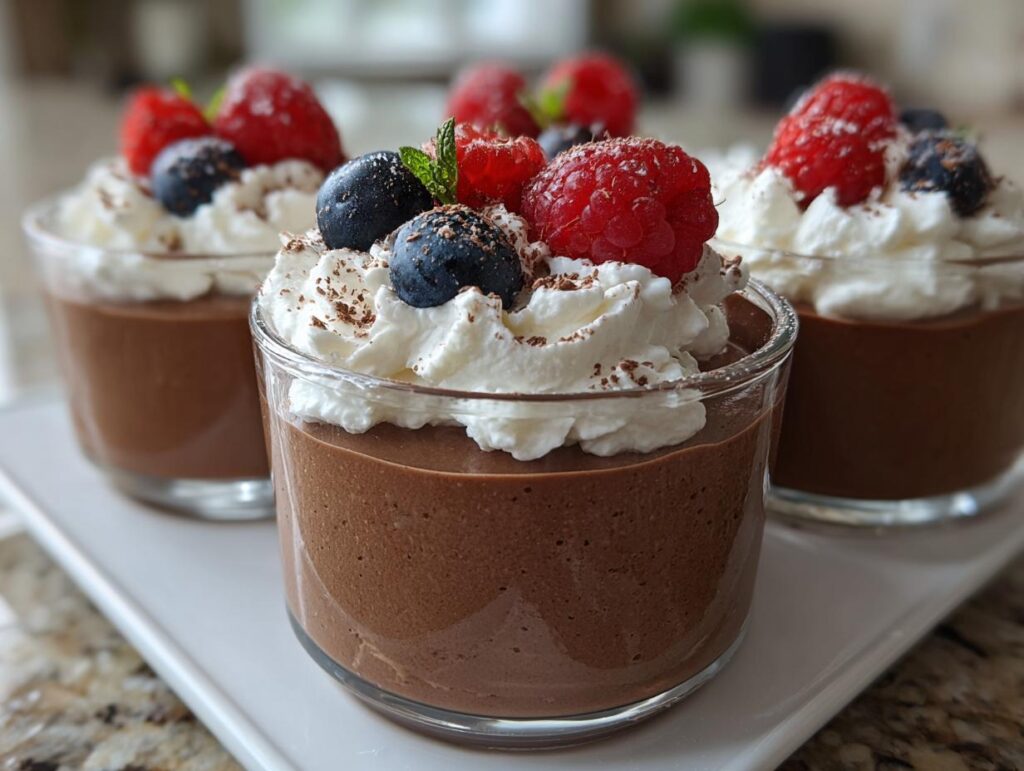 Close-up of decadent Chocolate Mousse Cups topped with whipped cream, fresh raspberries, blueberries, and a sprinkle of cocoa.
