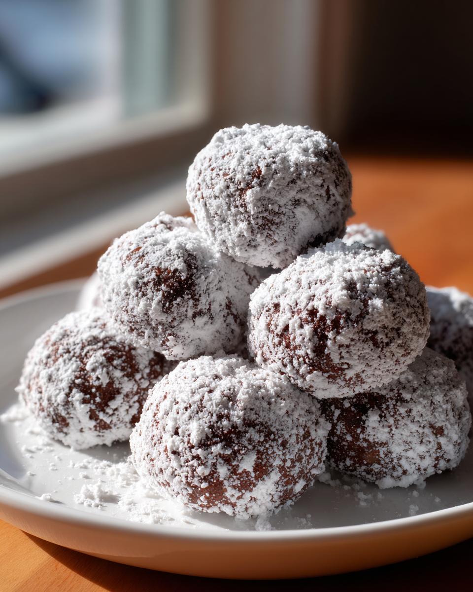 A stack of Chocolate Peppermint Snowball Cookies dusted with powdered sugar on a white plate.