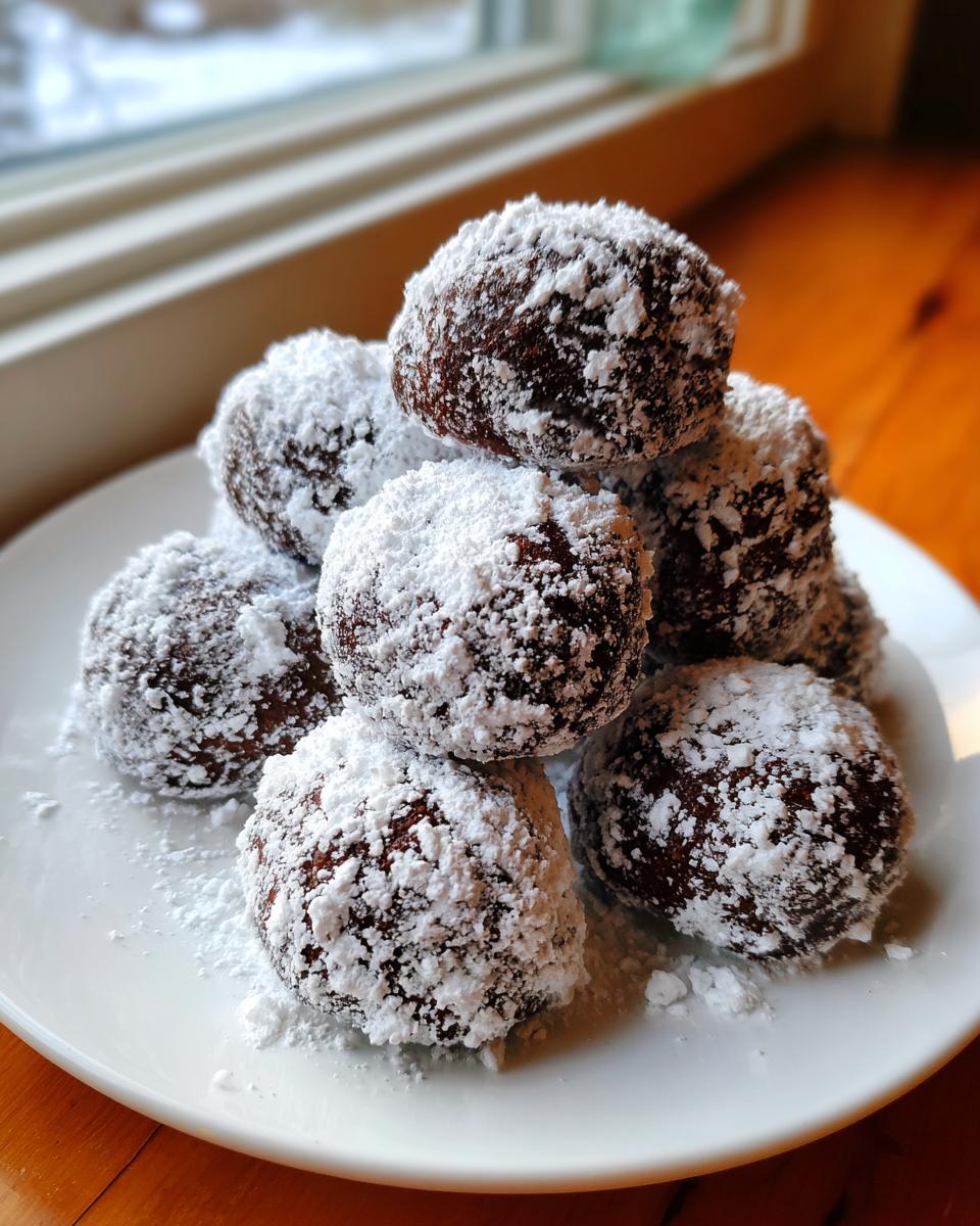 A stack of Chocolate Peppermint Snowball Cookies dusted with powdered sugar on a white plate.