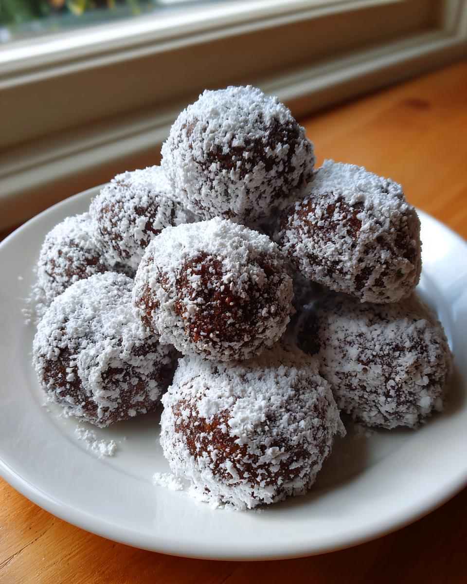 A plate of delicious Chocolate Peppermint Snowball Cookies dusted with powdered sugar.
