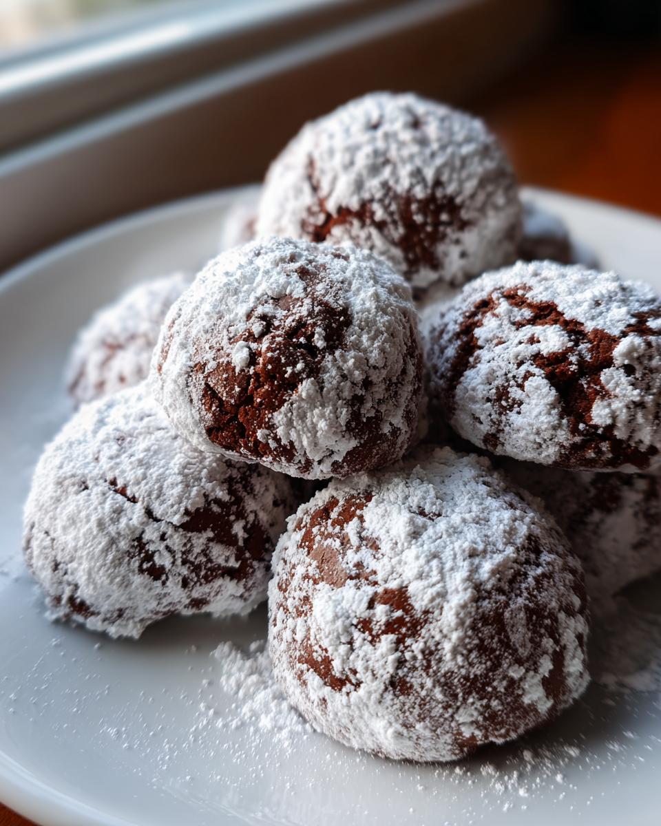 A plate piled high with Chocolate Peppermint Snowball Cookies, dusted with powdered sugar.