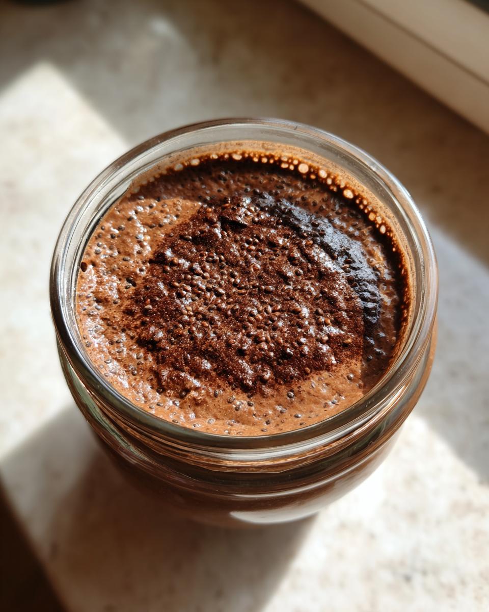 Close-up of a jar of Chocolate Protein Overnight Oats, showing texture and ingredients.