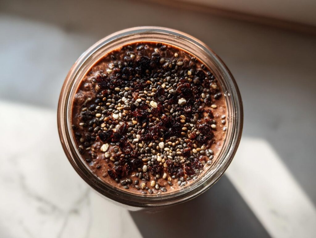 Overhead shot of chocolate protein overnight oats in a jar, topped with chia seeds and other toppings.