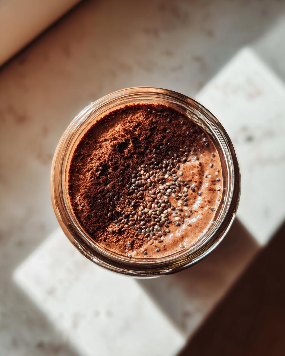 Overhead shot of Chocolate Protein Overnight Oats in a jar, topped with chia seeds and cocoa powder.