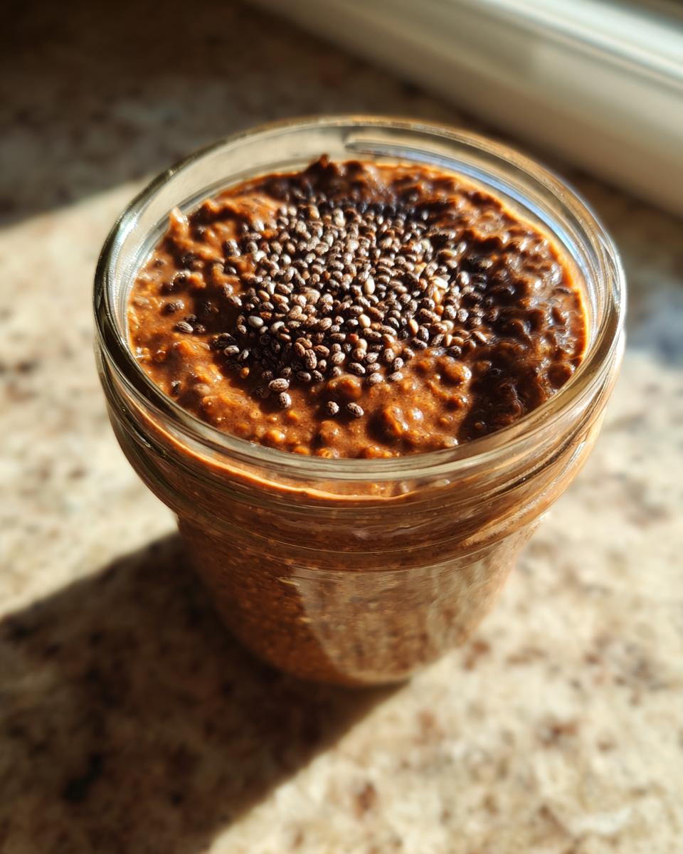 Close-up of Chocolate Protein Overnight Oats in a jar, topped with chia seeds.