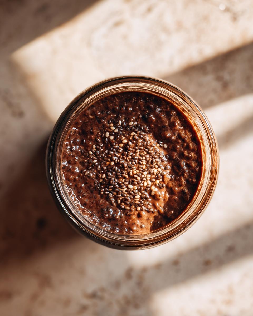 Overhead shot of Chocolate Protein Overnight Oats in a glass jar, topped with seeds.