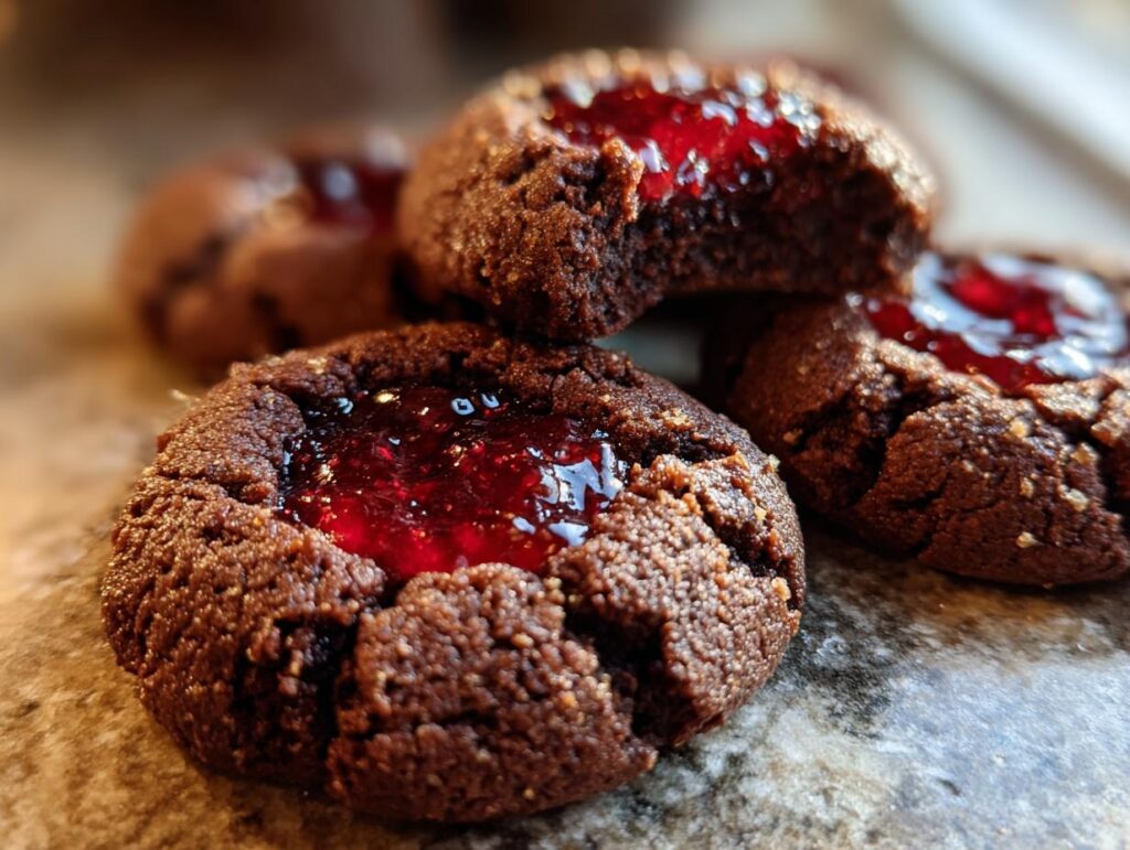 Close-up of rich Chocolate Thumbprint Cookies filled with glistening red jam.
