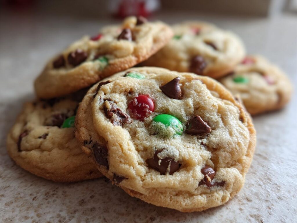 Close-up of delicious Christmas Chocolate Chip Cookies loaded with chocolate chips and festive red and green candies.
