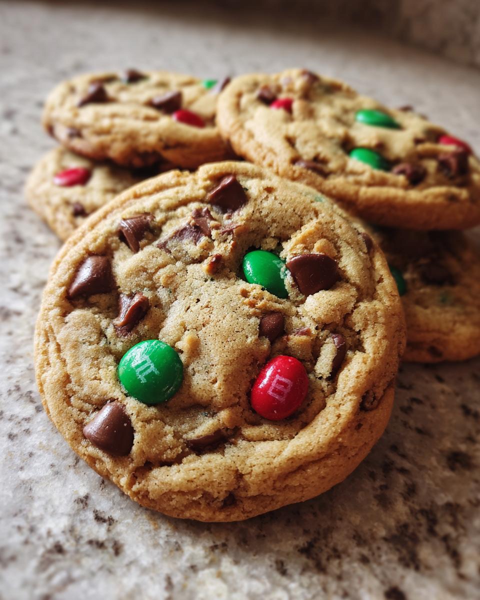 Close-up of delicious Christmas Chocolate Chip Cookies loaded with chocolate chunks and festive red and green M&Ms.