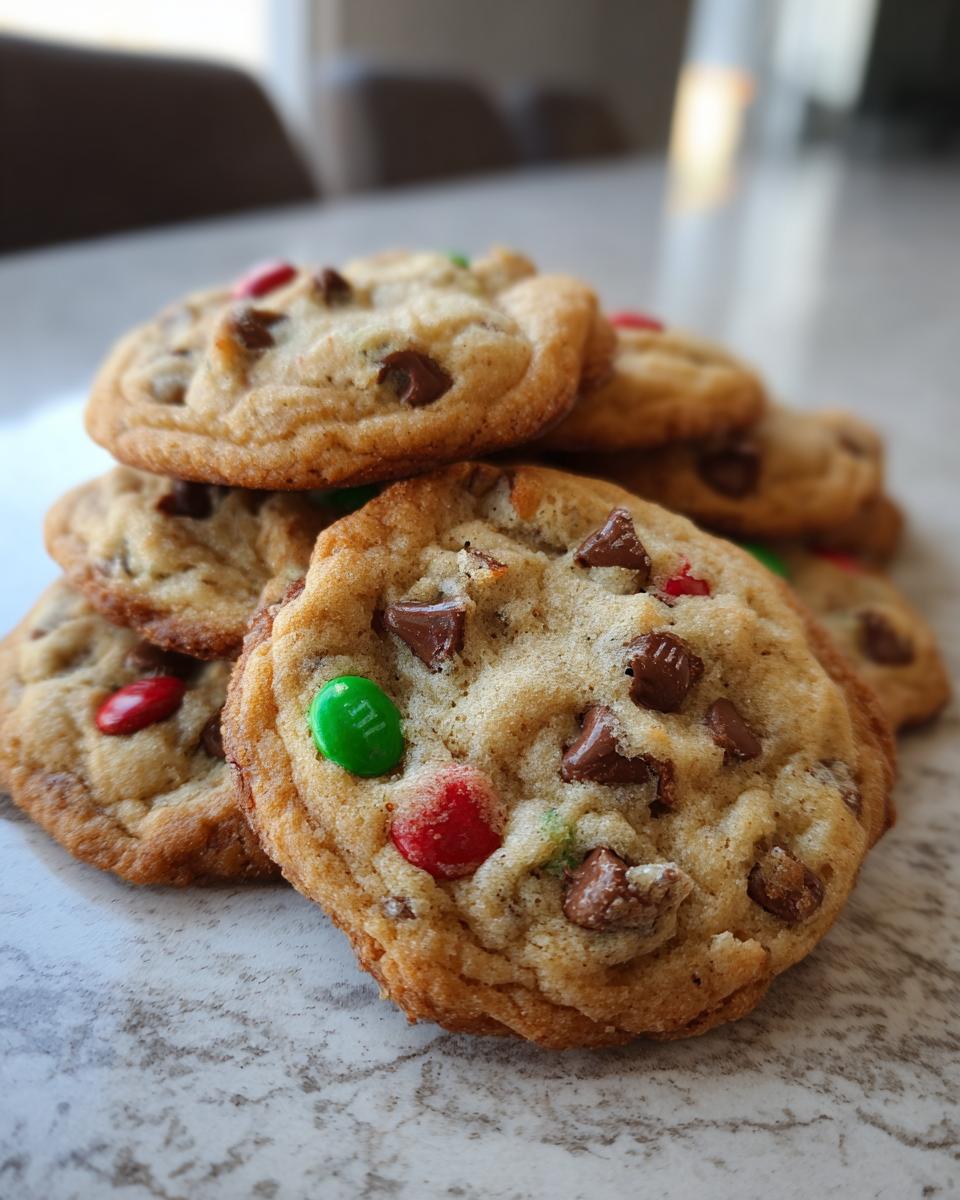 A close-up of a stack of Christmas Chocolate Chip Cookies, studded with chocolate chips and colorful M&Ms.