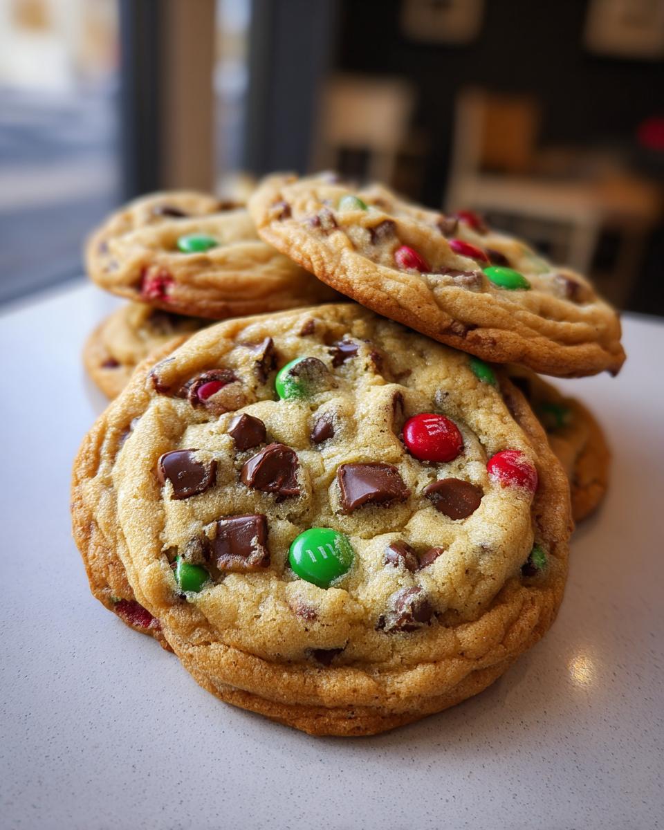 Close-up of delicious Christmas Chocolate Chip Cookies loaded with chocolate chunks and festive red and green M&Ms.