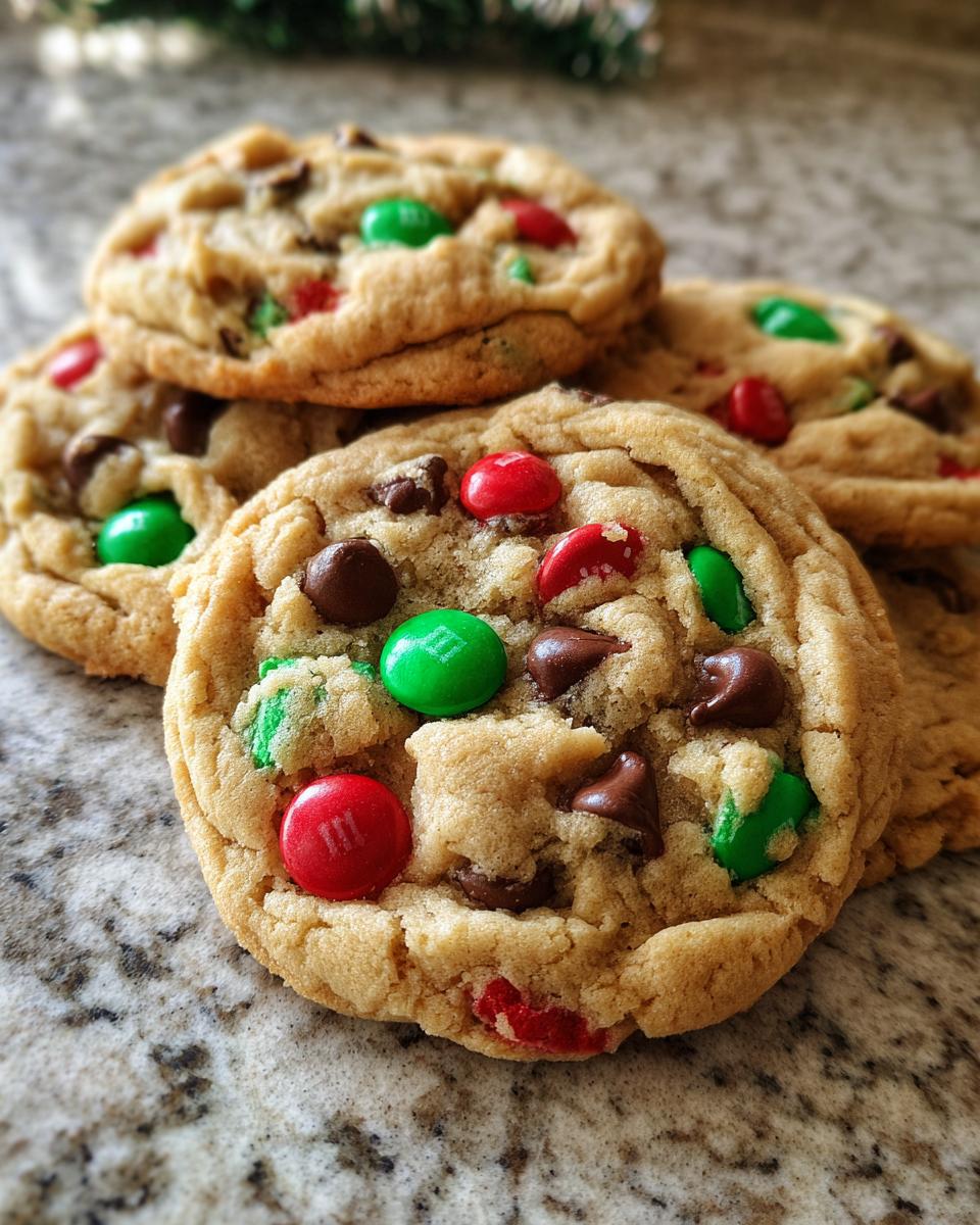 Close-up of delicious Christmas Chocolate Chip Cookies loaded with chocolate chips and festive red and green M&Ms.