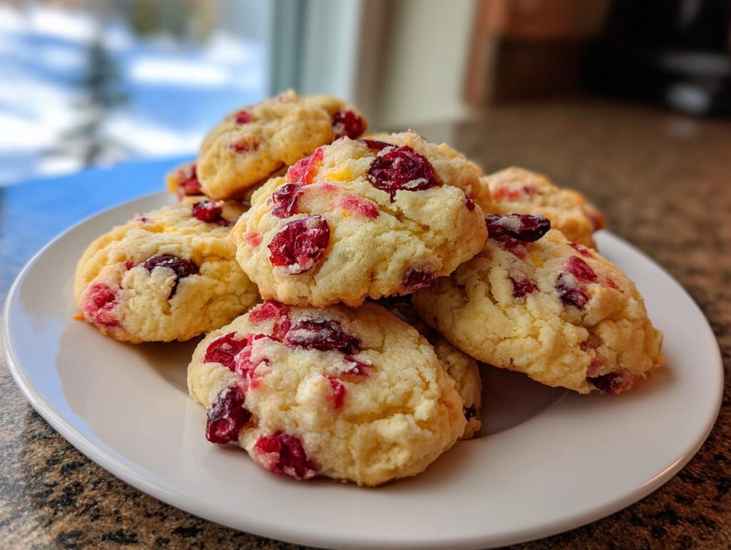 A pile of festive Christmas Cranberry Orange Cookies on a white plate, showcasing dried cranberries and orange zest.