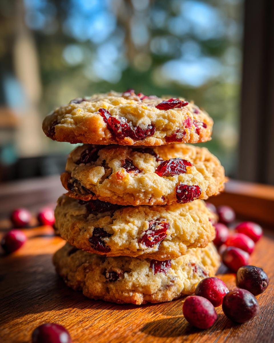 A stack of four Best Christmas Cranberry Orange Cookies, with fresh cranberries scattered around on a wooden surface.