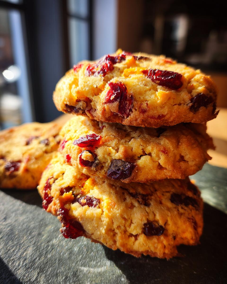 A stack of three delicious Christmas Cranberry Orange Cookies, showcasing dried cranberries and orange zest.