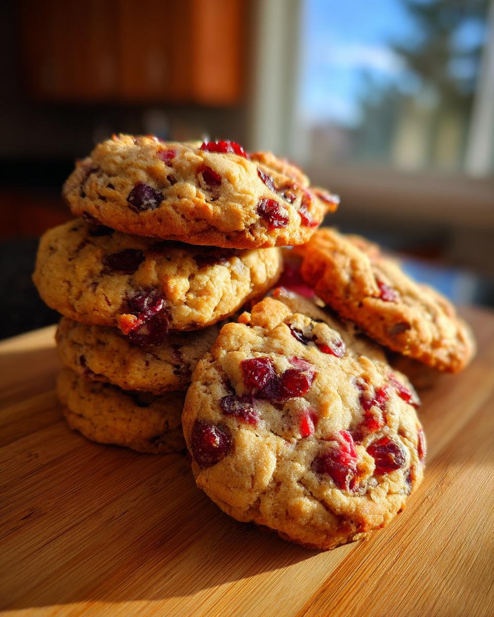 A stack of delicious Best Christmas Cranberry Orange Cookies on a wooden board, with visible cranberries and orange zest.