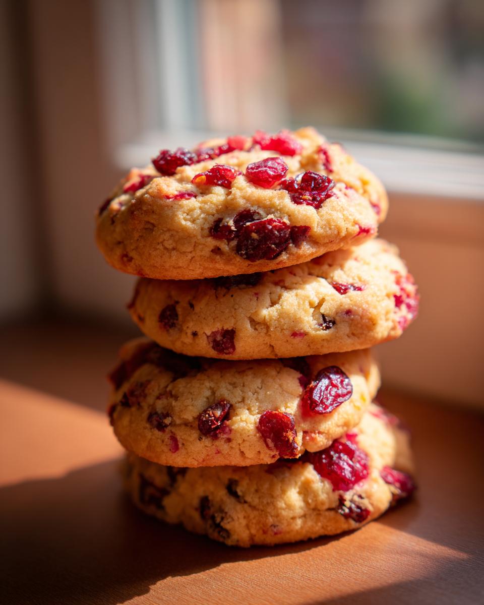 Stack of Best Christmas Cranberry Orange Cookies with visible dried cranberries and orange zest.