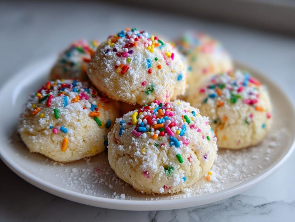 Close-up of Christmas Funfetti Cake Mix Cookies on a white plate, sprinkled with colorful sprinkles.