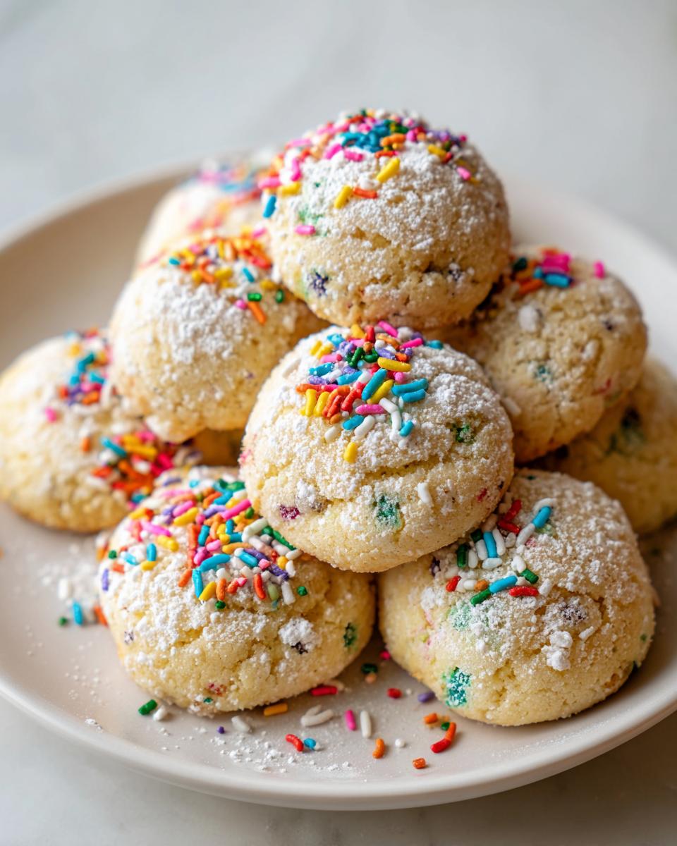 Pile of Christmas Funfetti Cake Mix Cookies on a plate, dusted with powdered sugar and sprinkles.