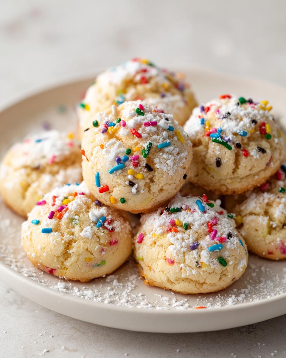 Pile of Christmas Funfetti Cake Mix Cookies on a white plate, sprinkled with powdered sugar and colorful sprinkles.