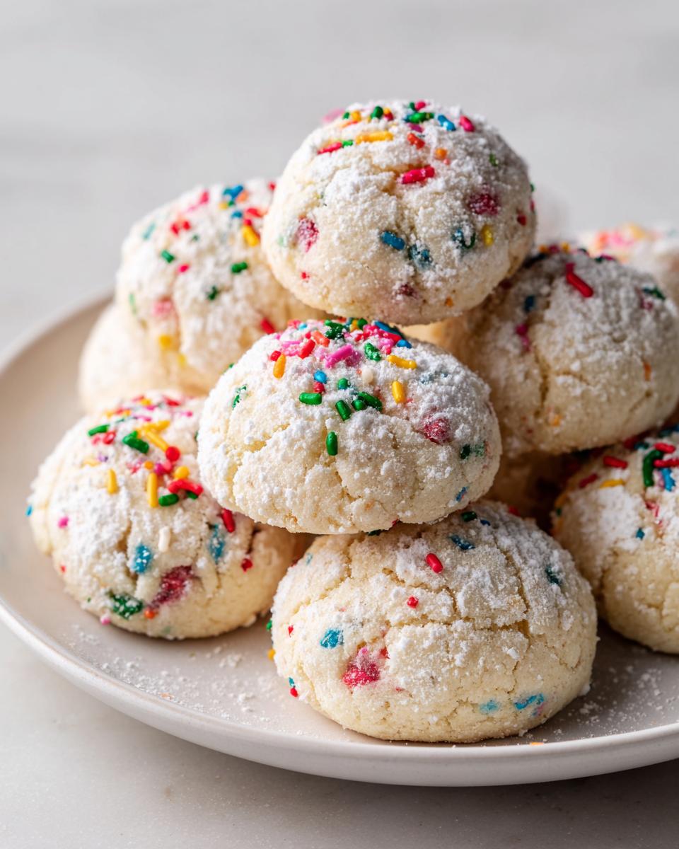 Pile of Christmas Funfetti Cake Mix Cookies dusted with powdered sugar and sprinkles on a white plate.
