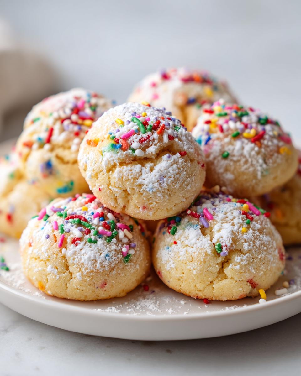 Pile of Christmas Funfetti Cake Mix Cookies with sprinkles and powdered sugar.
