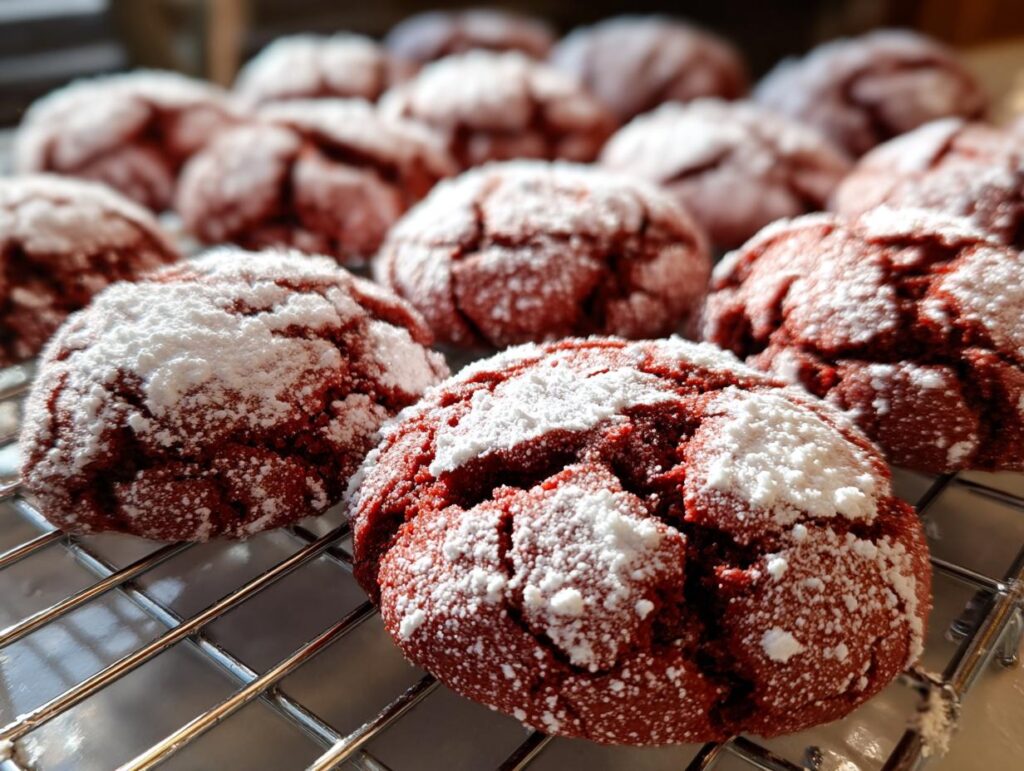 Close-up of freshly baked Christmas Red Velvet Crinkle Cookies dusted with powdered sugar.