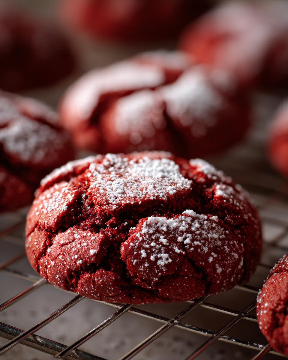 Close-up of a Christmas Red Velvet Crinkle Cookie dusted with powdered sugar on a wire rack.