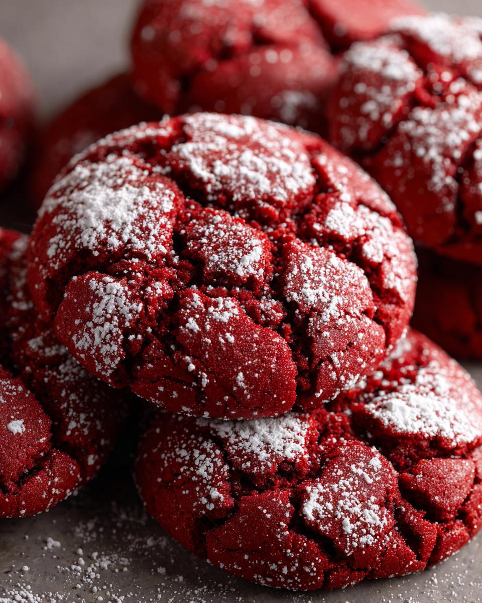 Close-up of Christmas Red Velvet Crinkle Cookies dusted with powdered sugar, perfect for the holidays.