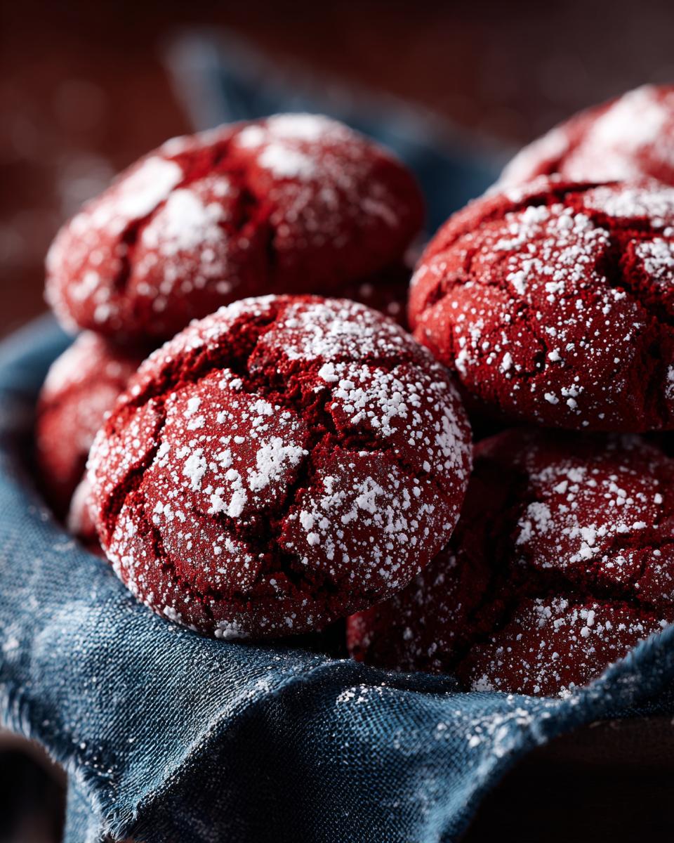 Close-up of a pile of Christmas Red Velvet Crinkle Cookies dusted with powdered sugar.