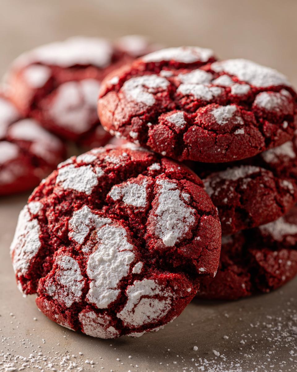 Close-up of Christmas Red Velvet Crinkle Cookies dusted with powdered sugar.