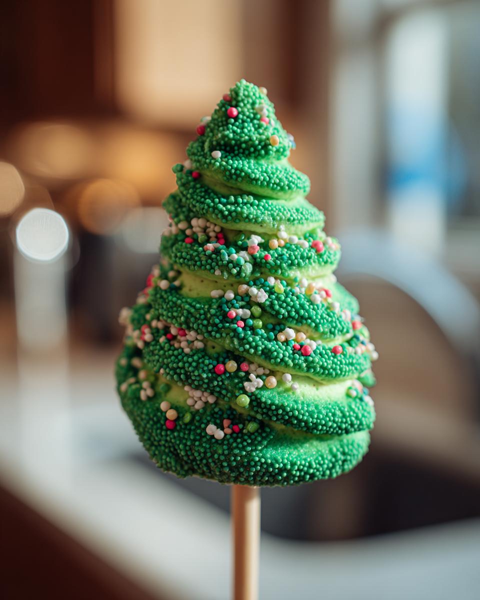 Close-up of a green Christmas Tree Meringue Pop decorated with sprinkles on a stick.