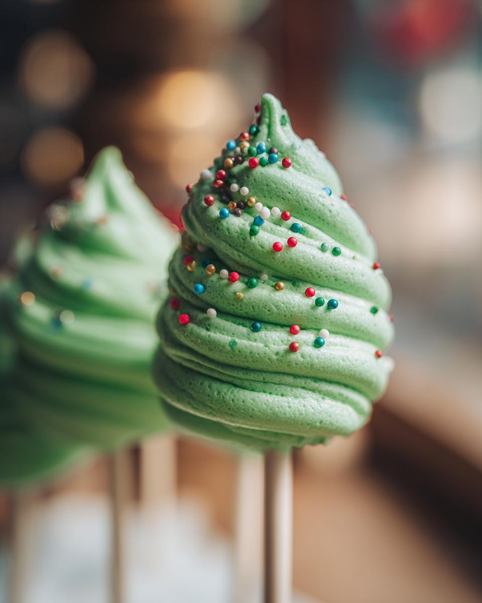 Close-up of green Christmas Tree Meringue Pops decorated with colorful sprinkles.