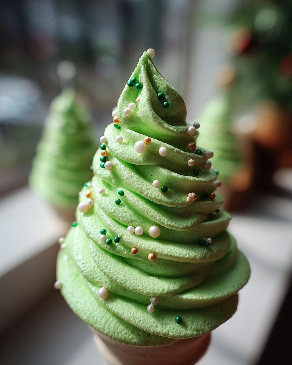 Close-up of a green Christmas Tree Meringue Pops decorated with sprinkles.