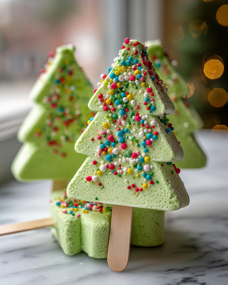 Close-up of green Christmas Tree Meringue Pops decorated with colorful sprinkles.
