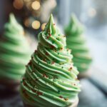 Close-up of green Christmas Tree Meringue Pops decorated with sprinkles, perfect for the holidays.