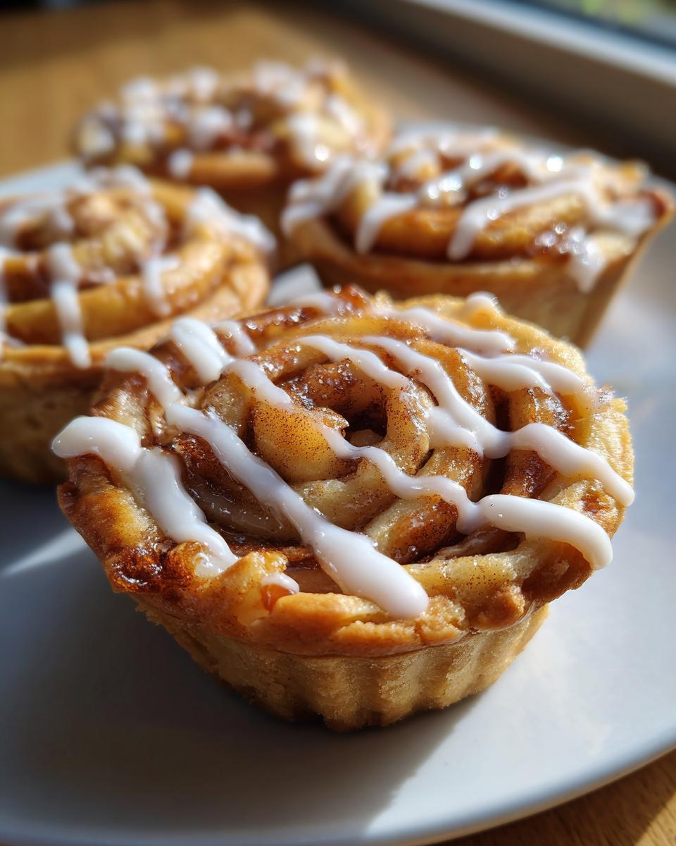 Close-up of freshly baked Cinnamon Roll Sugar Cookie Cups with icing drizzle on a white plate.