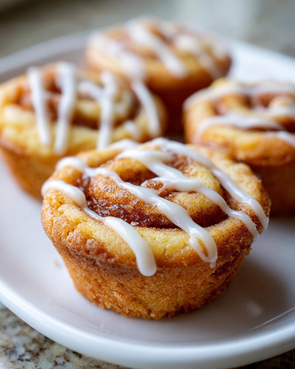 Close-up of several Cinnamon Roll Sugar Cookie Cups on a white plate, drizzled with icing.