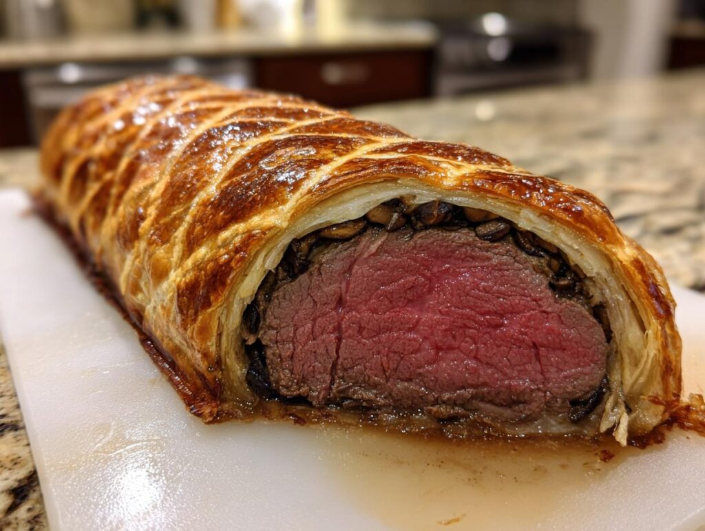 A perfectly cooked Classic Beef Wellington, showcasing a juicy medium-rare beef tenderloin encased in golden puff pastry and duxelles.