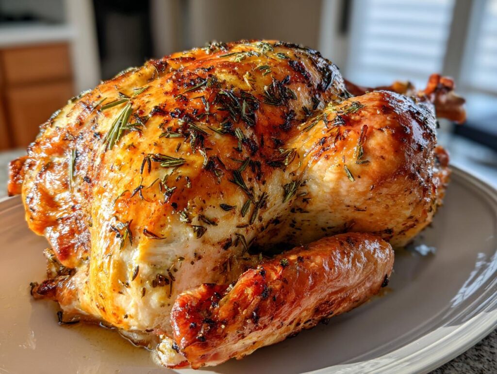 A golden-brown Classic Herb-Butter Roast Turkey, glistening with juices and sprinkled with fresh herbs, served on a white platter.