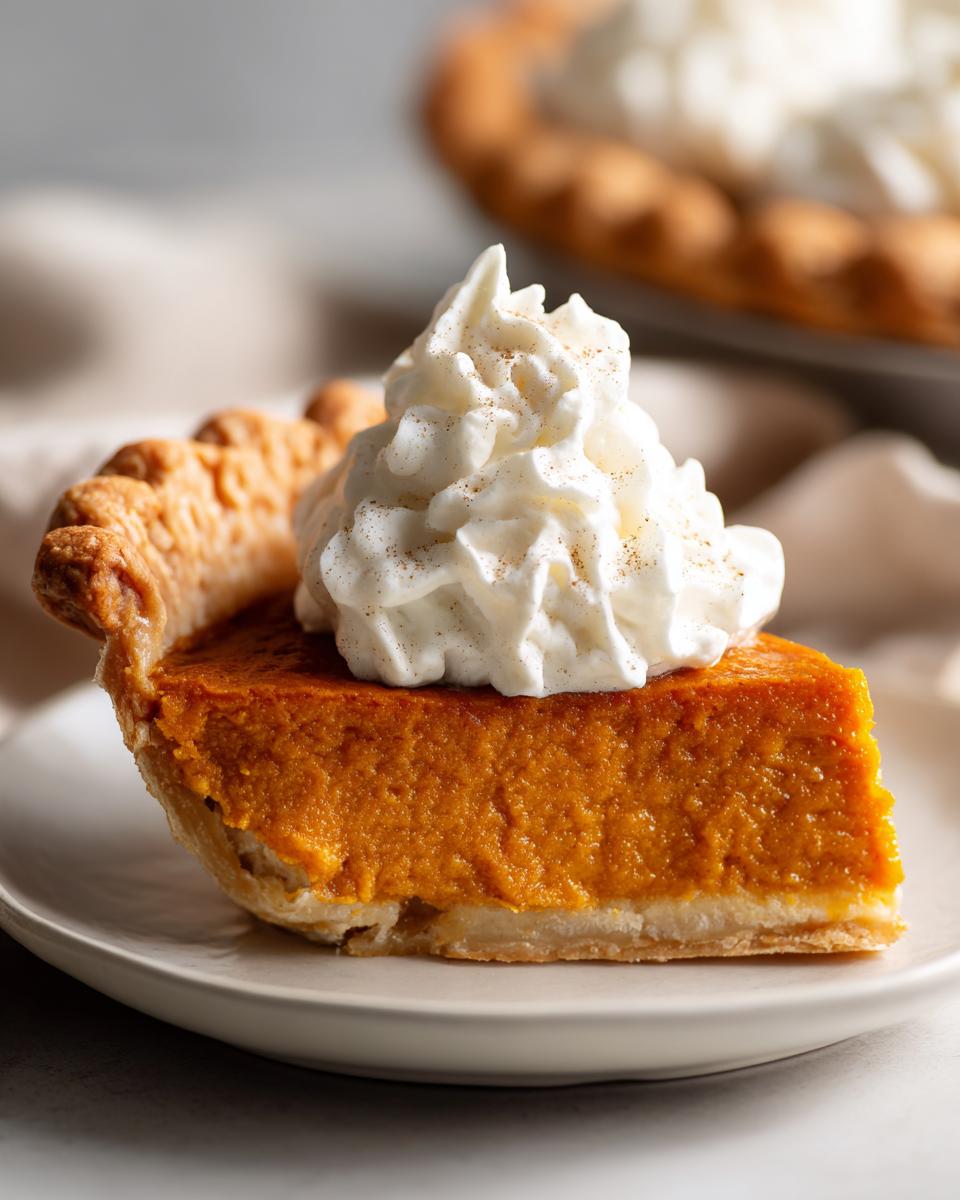 A perfect slice of Classic Pumpkin Pie topped with spiced whipped cream on a white plate.