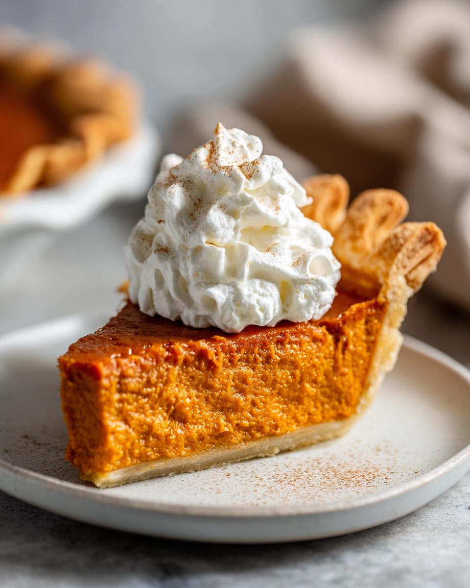 A perfect slice of Classic Pumpkin Pie topped with spiced whipped cream and a dusting of cinnamon.
