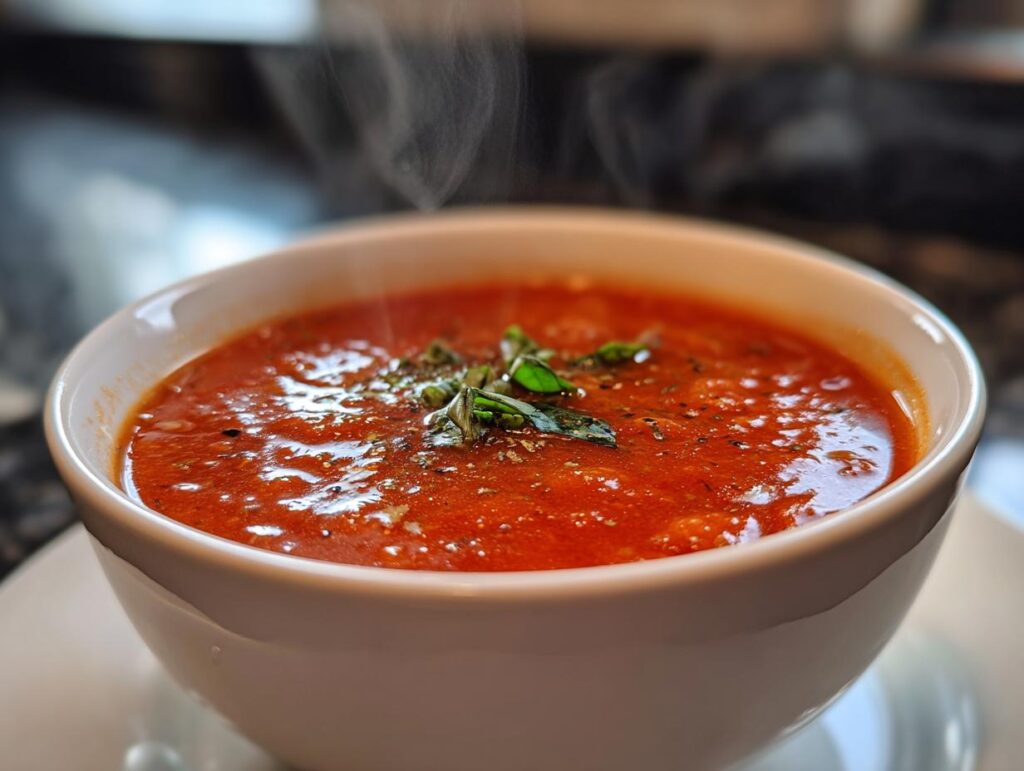 Close-up of a bowl of Classic Tomato Basil Soup, garnished with fresh basil.