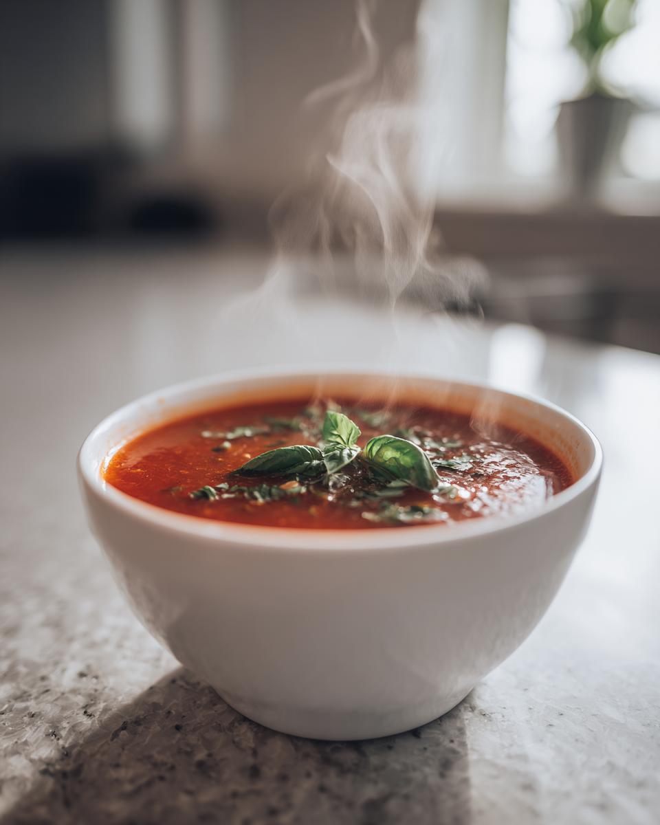 A white bowl filled with steaming Classic Tomato Basil Soup, garnished with fresh basil leaves.