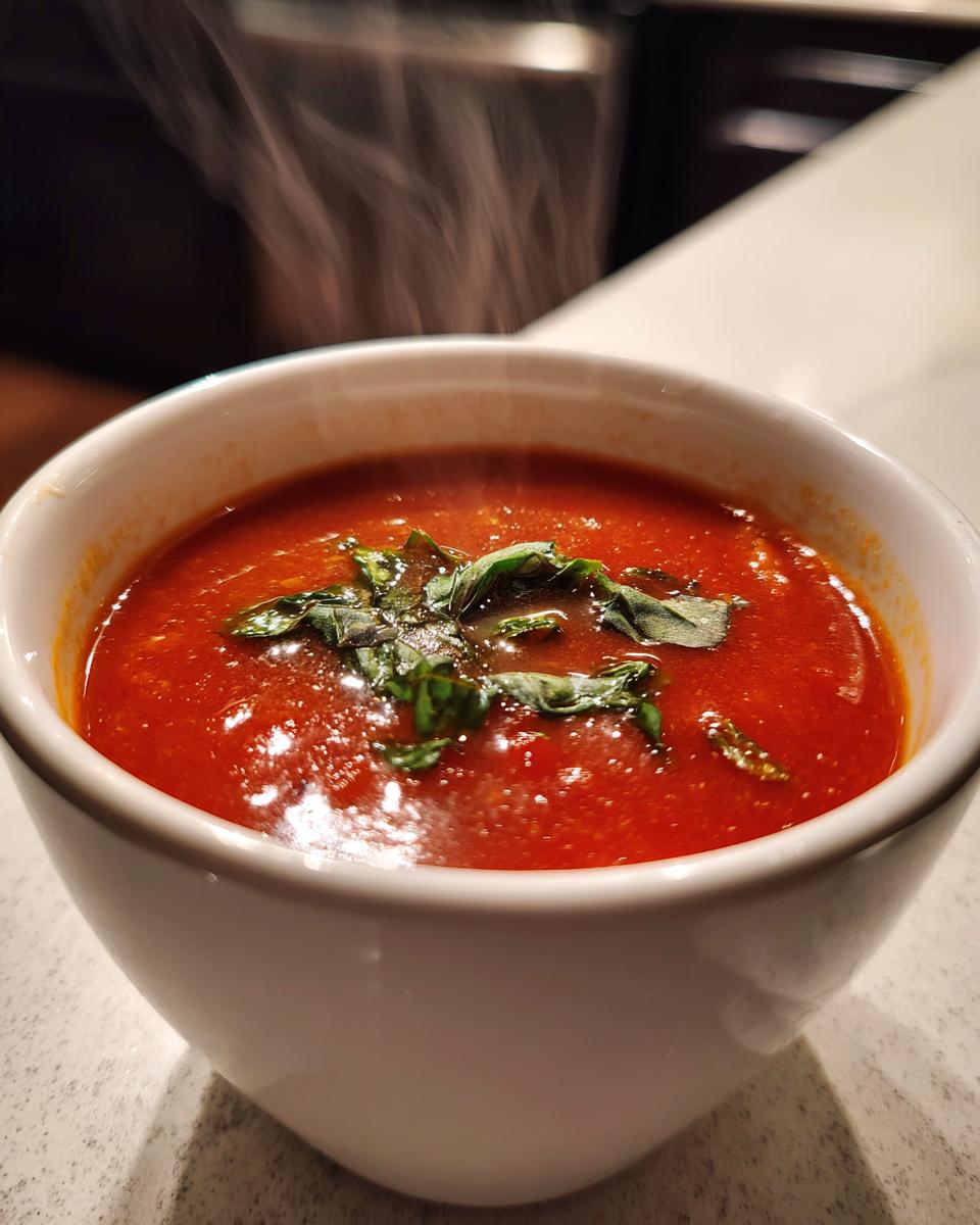 Close-up of a bowl of Classic Tomato Basil Soup, garnished with fresh basil leaves.