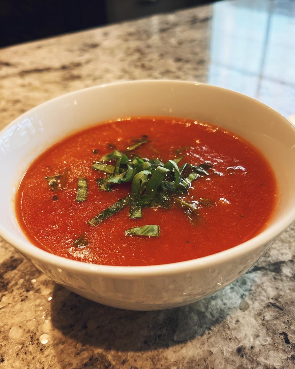 A bowl of Classic Tomato Basil Soup garnished with fresh basil.