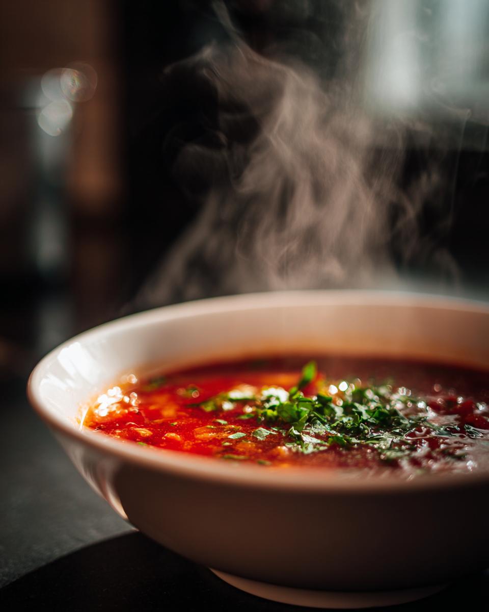 A steaming bowl of Classic Tomato Basil Soup garnished with fresh herbs.