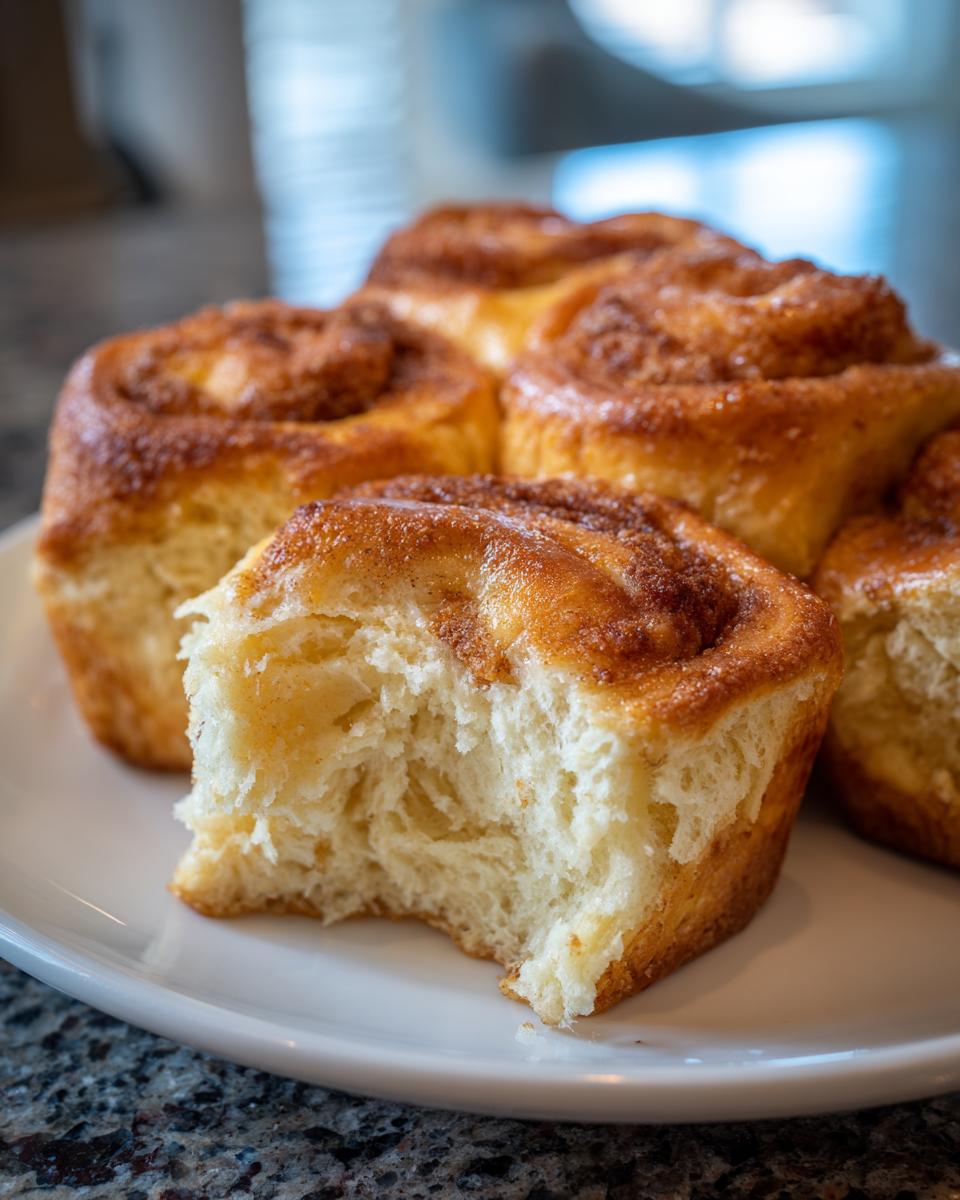 Close-up of a Cloud Bread Cinnamon Roll with a bite taken, showing fluffy texture. 